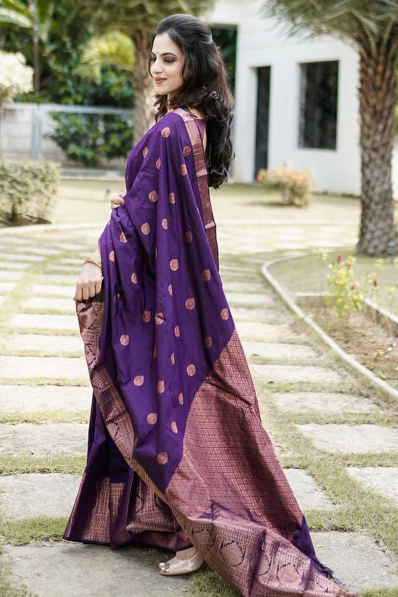 Most Flattering Violet Soft Banarasi Copper Zari Weaving Silk Saree With Incredible Blouse Piece