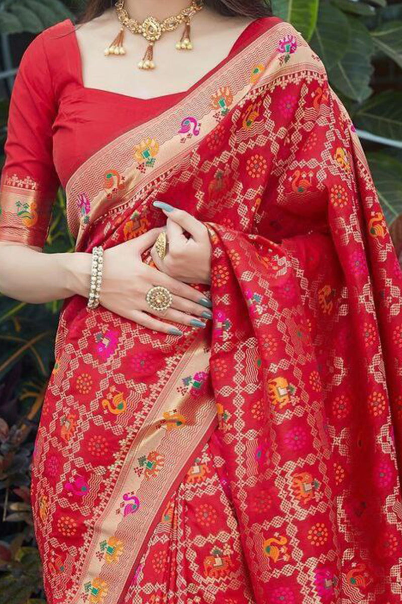 Sophisticated Red Color Banarasi Soft Silk Saree With Blouse Piece