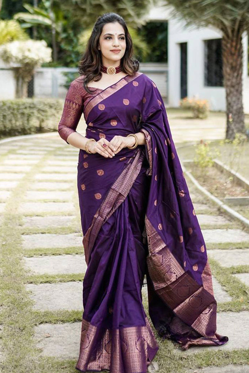 Most Flattering Violet Soft Banarasi Copper Zari Weaving Silk Saree With Incredible Blouse Piece