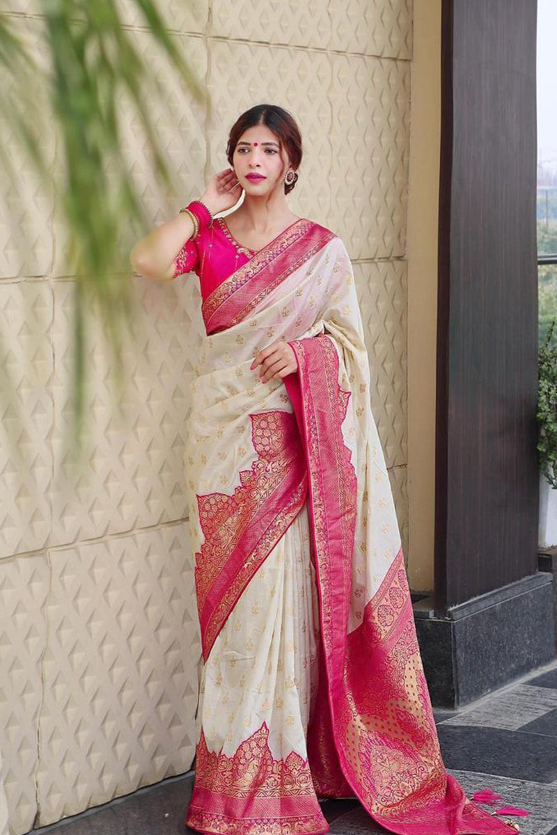 Supernal White Color Banarasi Soft Silk Saree With Surpassing Blouse piece