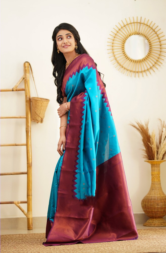 Enchanting Firozi Soft Silk Saree With Outstanding Blouse Piece