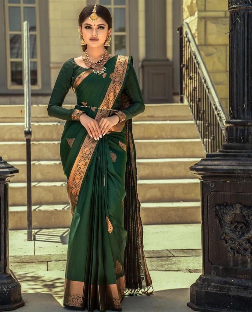 Ebullience Green Color Soft Banarasi Silk Saree With Blouse Piece