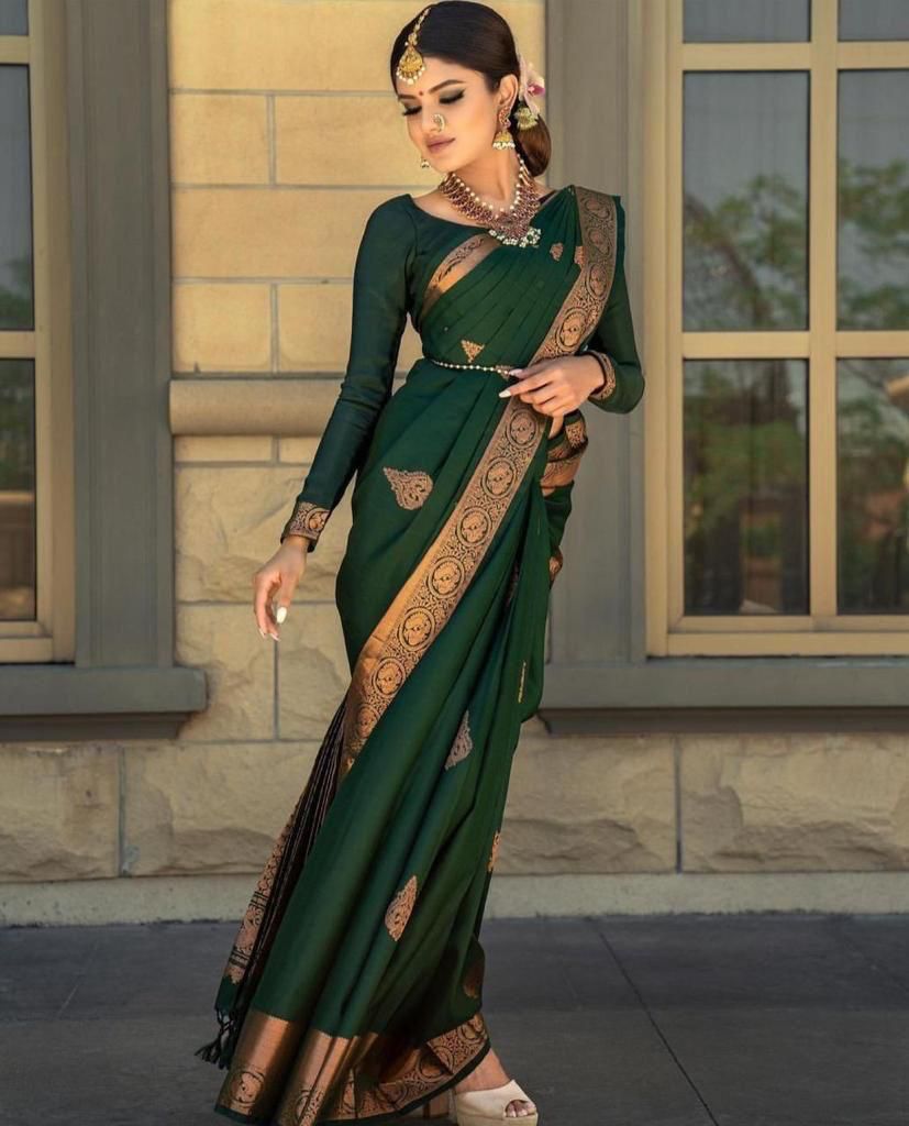 Ebullience Green Color Soft Banarasi Silk Saree With Blouse Piece
