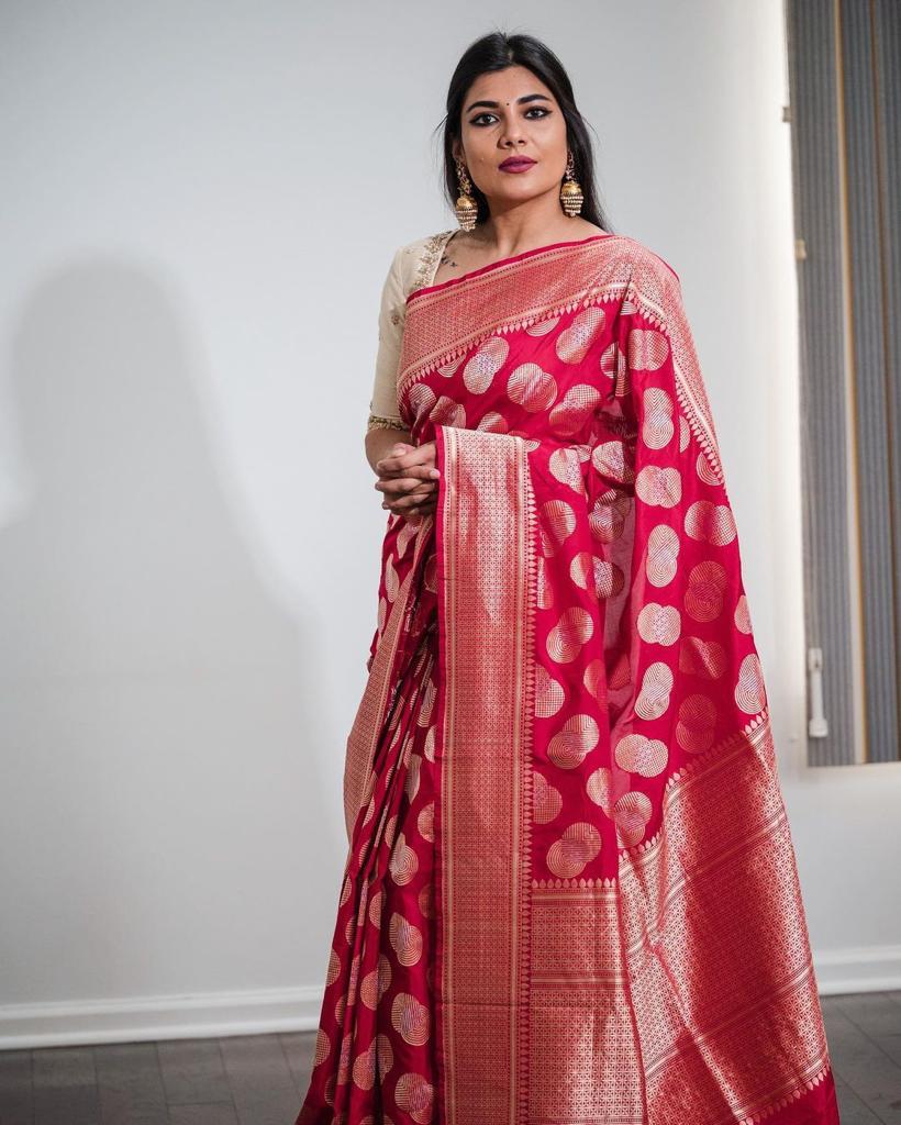 Stylish Red Color Soft Banarasi Silk Saree With Blouse Piece