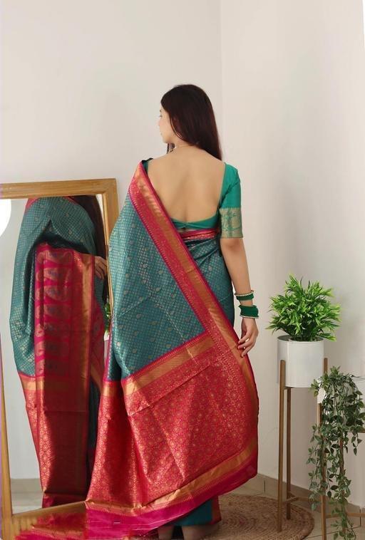 Blissful Rama Color Soft Banarasi Silk Saree With Blouse Piece