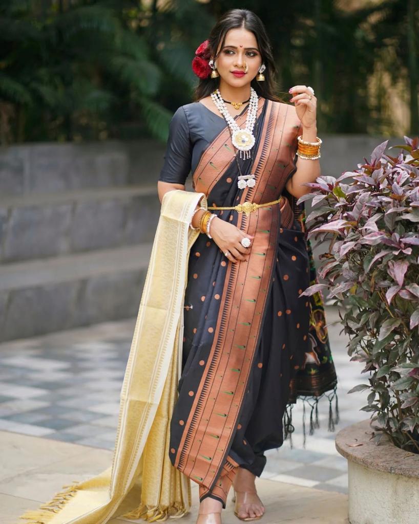 Pretty Black Soft Paithani Silk Saree With Blouse Piece