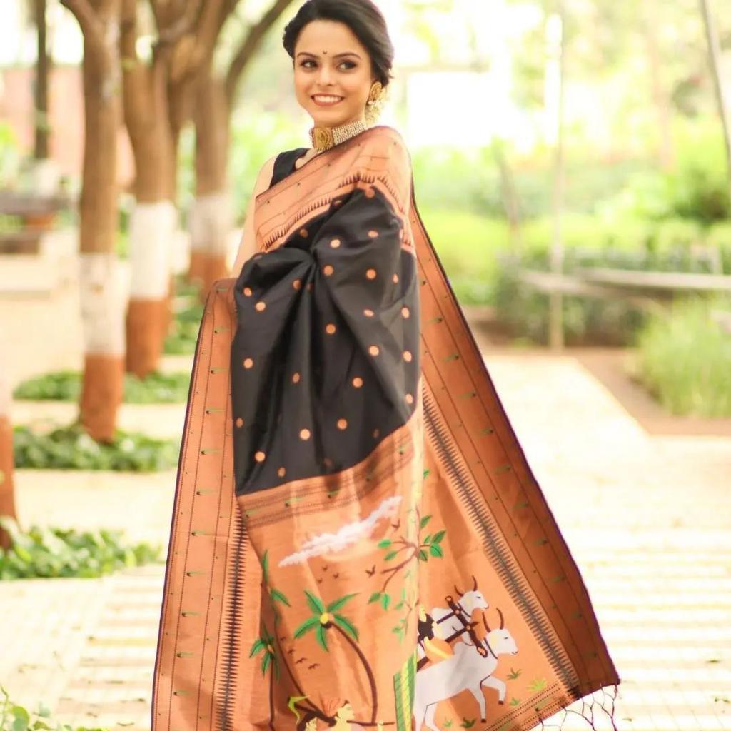 Pretty Black Soft Paithani Silk Saree With Blouse Piece