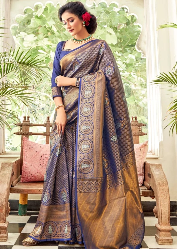Desultory Blue Soft Banarasi Silk Saree With Blouse Piece