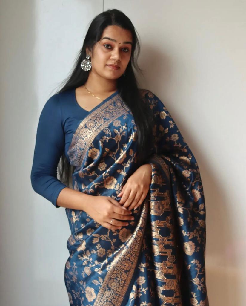 Beleaguer Blue Soft Banarasi Silk Saree With Blouse Piece